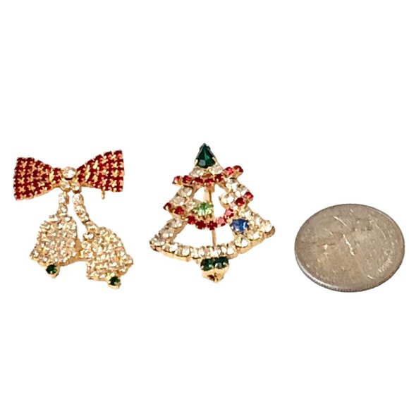 Vintage Christmas Brooch Christmas Tree + Bow Bells Lot of 2 Pins - Picture 2 of 11